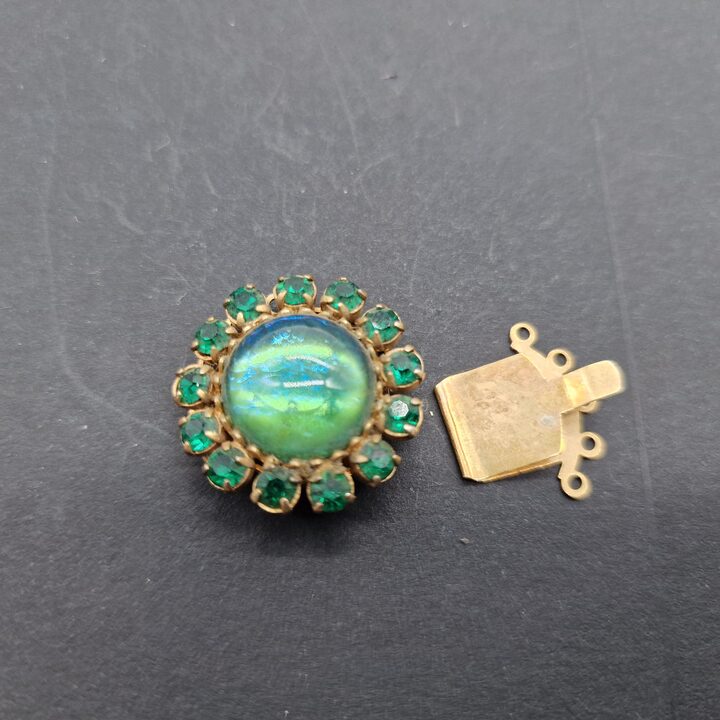 Set of 5 Unique Vintage Statement Box Clasps - Rare Artisan Jewelry Findings - Emerald Green, Iridescent Art Glass & Rhinestone…