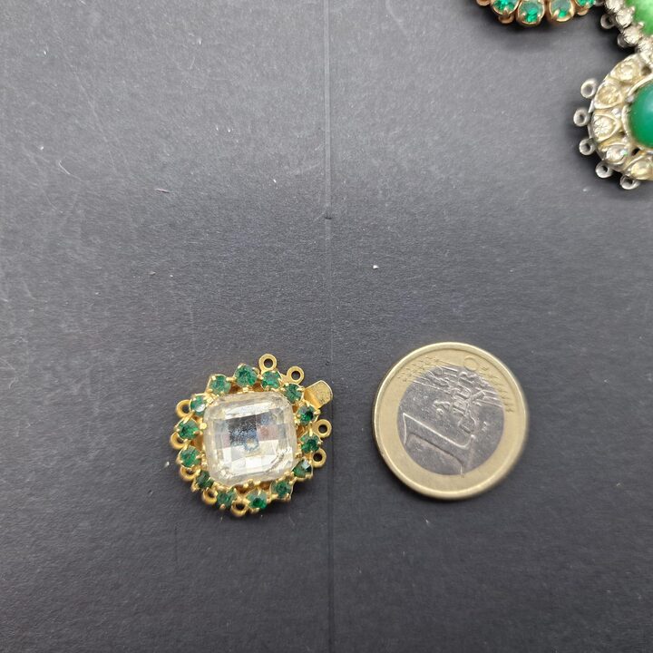 Set of 5 Unique Vintage Statement Box Clasps - Rare Artisan Jewelry Findings - Emerald Green, Iridescent Art Glass & Rhinestone…