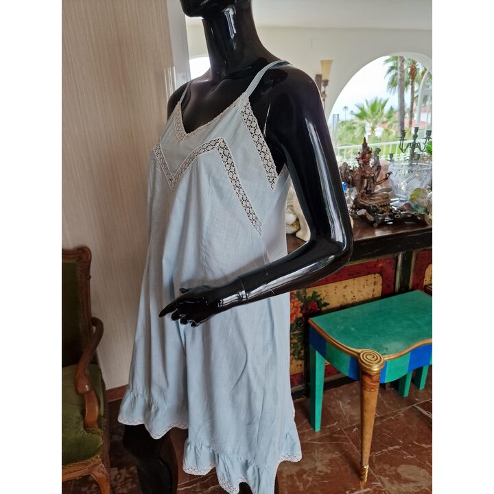 Halka bawełniana vintage, Koszula nocna z lat 50 ręcznie szyta błękitna z koronką, Biust 88 cm Biodra 110 cm, Długość 90 cm
