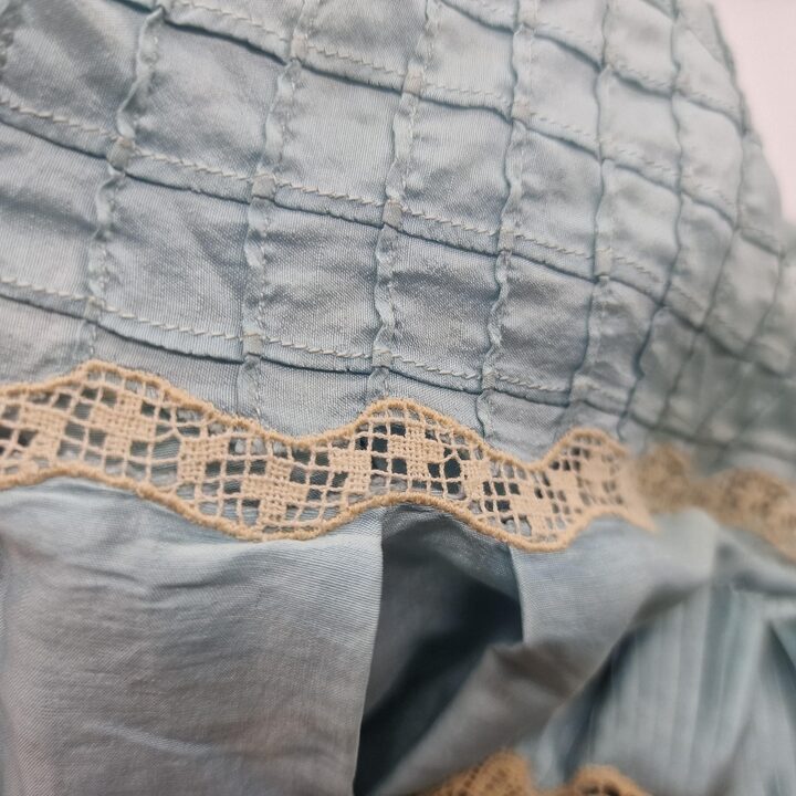 Antique Edwardian Silk Baby Gown and Bonnet Set Blue with Hand Smocking and Lace