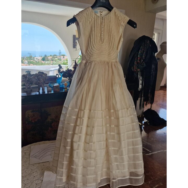 Vintage Kommunionkleid Festkleid, 100% Seide Portugal 90er Jahre Plissiertes Oberteil Elfenbein, Groesse 8 Jahre