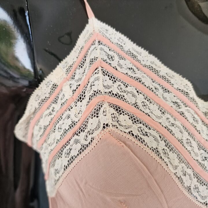 Vintage Three Piece Lingerie Set, Silk Nightgown and Capelet with Handmade Lace, Peach Pink, 1940s, Size S