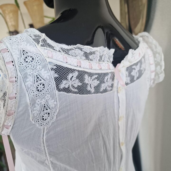 Antique Edwardian Chemise Slip, Cotton Batiste Hand Embroidered Nightgown, Petite Size S, White Lace Lingerie Undergarment