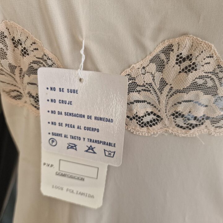 Vintage Marie Claire Women Slip Dress 1980s, Beige Polyamide with Lace, Undergarment Chemise, Spanish Size 4 S New Old Stock