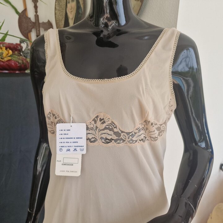 Vintage Marie Claire Women Slip Dress 1980s, Beige Polyamide with Lace, Undergarment Chemise, Spanish Size 4 S New Old Stock