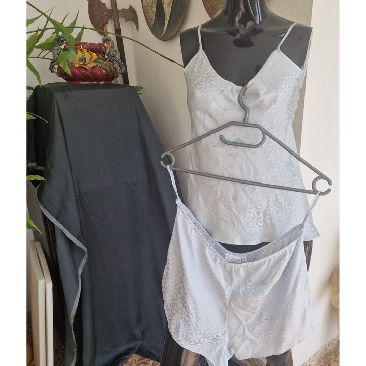 Vintage Natuurzijde Lingerieset Jaren 80 Globus Lingerie, Ijsblauw Jacquard Camisole en Shorts, Maat S