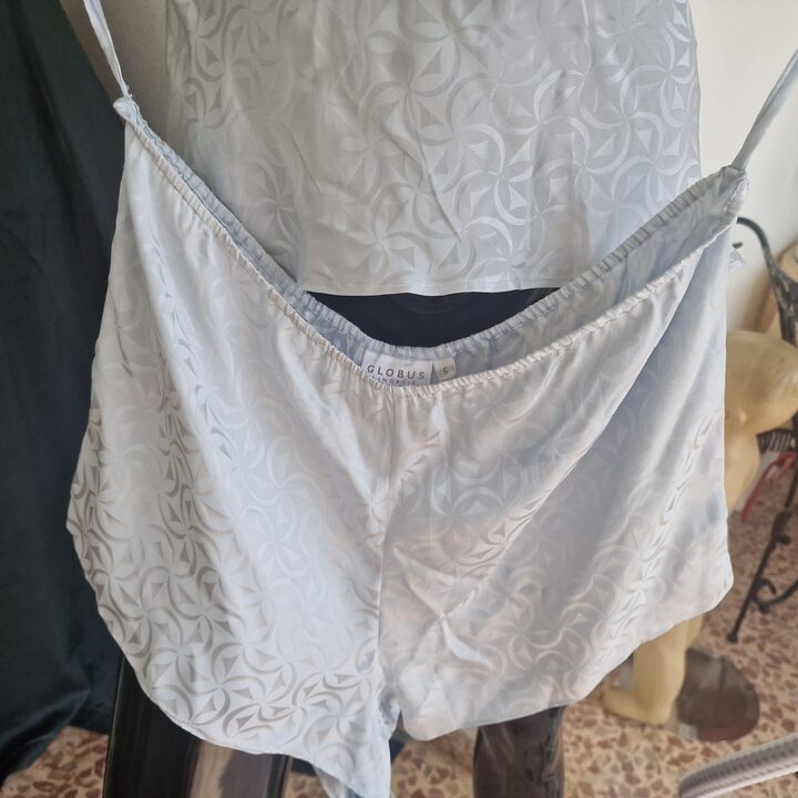 Vintage Natuurzijde Lingerieset Jaren 80 Globus Lingerie, Ijsblauw Jacquard Camisole en Shorts, Maat S