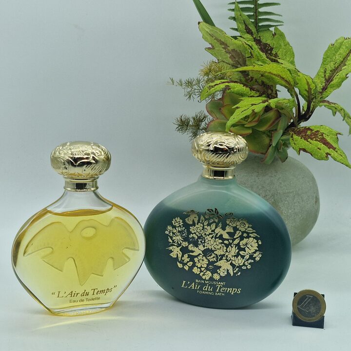 Zestaw Vintage Nina Ricci L'Air du Temps, Eau de Toilette 100ml Flakon Lalique i Plyn do Kapieli 200ml, Lata 1980