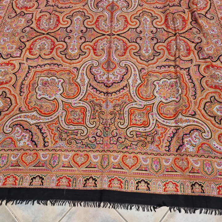 Zabytkowy manton Cien Colores, szal z wełny merynosów, chusta z XIX wieku, tradycyjny hiszpański tekstyl, 320x170cm