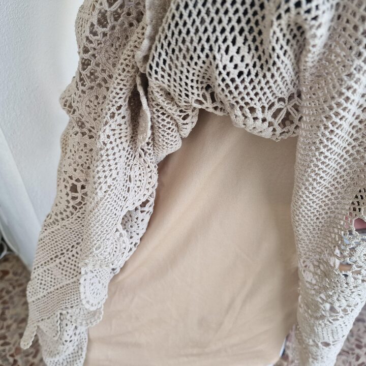 Robe Crochet Vintage Midi Tricot 1970 Coton Beige Fait Main Manche Courte Dentelle Doublée Taille XS Poitrine 82cm Taille 60cm