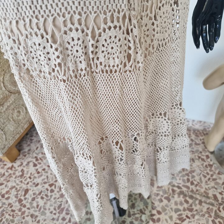 Robe Crochet Vintage Midi Tricot 1970 Coton Beige Fait Main Manche Courte Dentelle Doublée Taille XS Poitrine 82cm Taille 60cm
