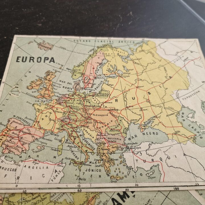 Antieke Geografische Kubuspuzzel ca. 1905, Wereldkaarten van vóór 1914, Edwardiaans Educatief Speelgoed in Originele Doos