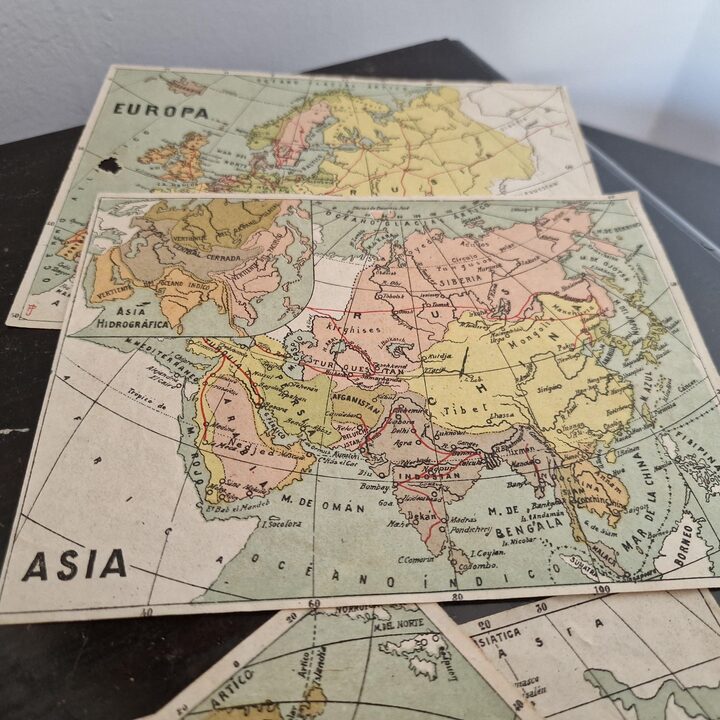 Antikes geographisches Würfelpuzzle ca. 1905, Weltkarten vor 1914, edwardianisches Lernspielzeug in Originalverpackung