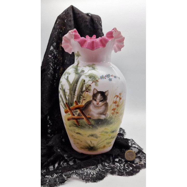 1940年代 猫のハンドペイント オパールガラス 花瓶 真鍮ベース