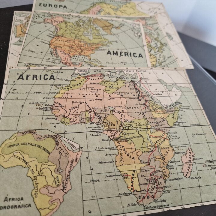 Antikes geographisches Würfelpuzzle ca. 1905, Weltkarten vor 1914, edwardianisches Lernspielzeug in Originalverpackung