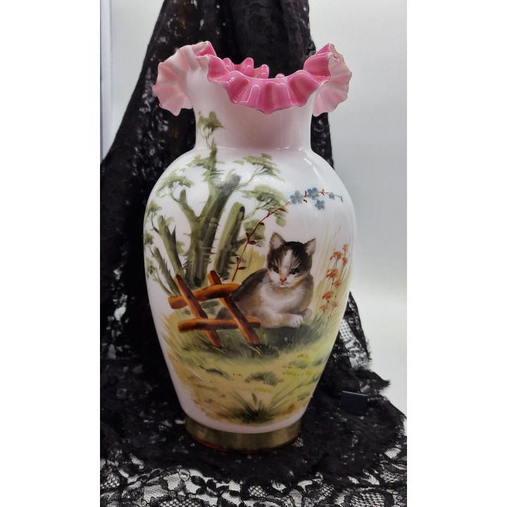 1940s Hand-Painted Cat Opaline Glass Vase - Brass Base