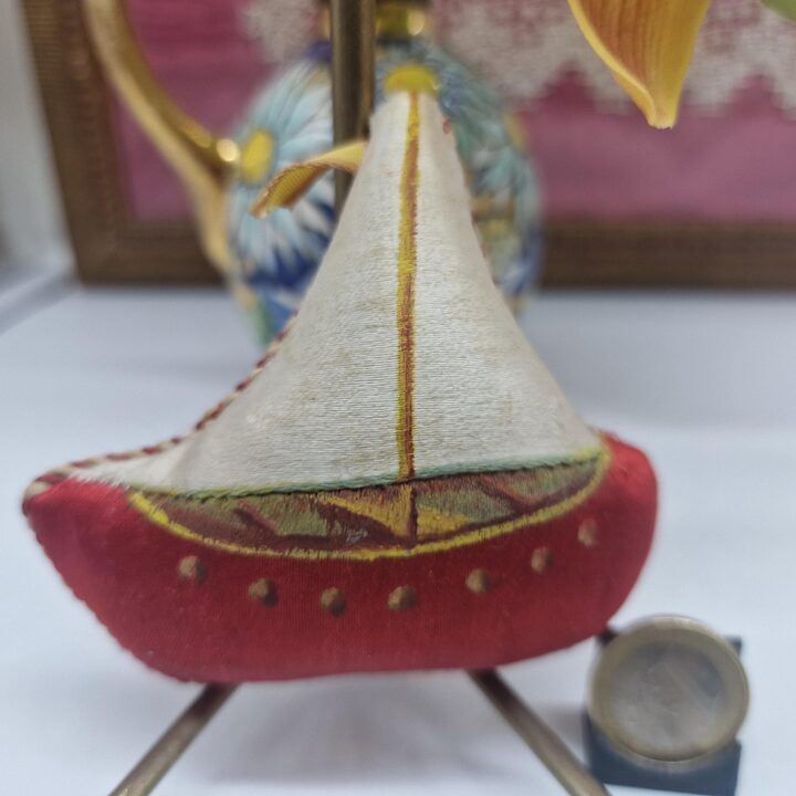 Vintage Embroidered Boat Pincushion, Mid-20th Century Sewing Accessory