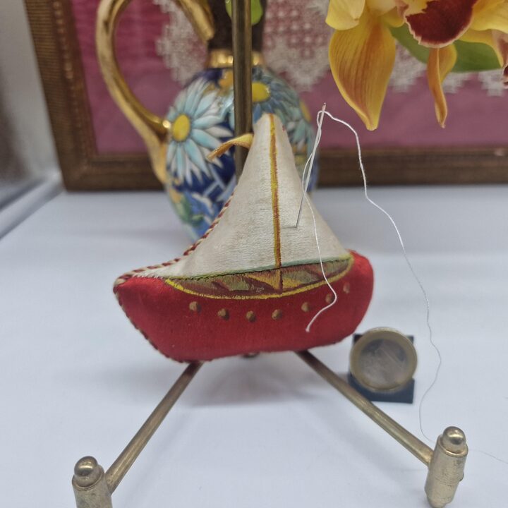 Vintage Embroidered Boat Pincushion, Mid-20th Century Sewing Accessory