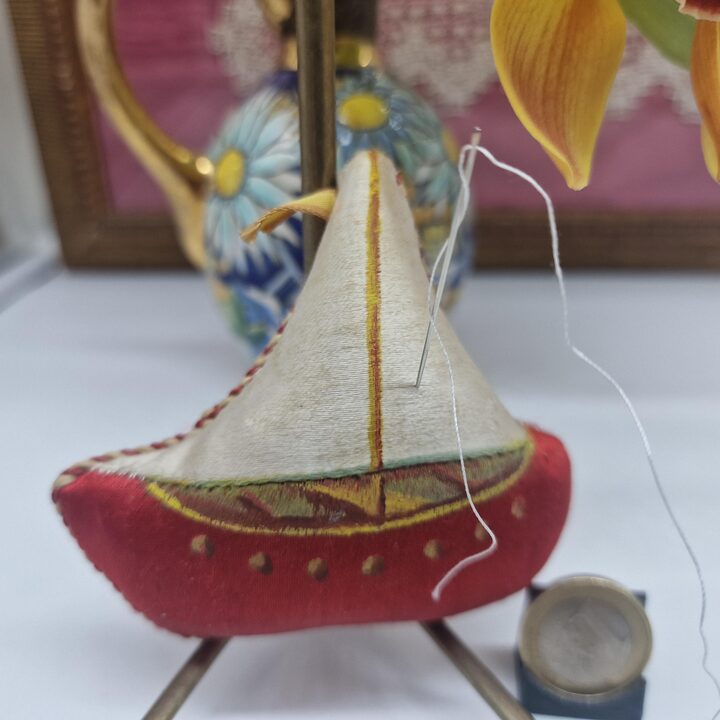 Vintage Embroidered Boat Pincushion, Mid-20th Century Sewing Accessory