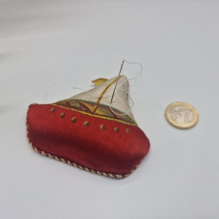 Vintage Embroidered Boat Pincushion, Mid-20th Century Sewing Accessory