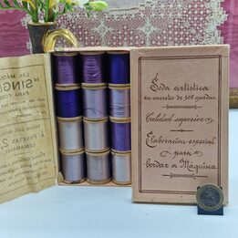 12 Vintage Singer Silk Thread Spools - Seda Artística Purple Palette - Wooden Spools - Made in Spain - Original Box