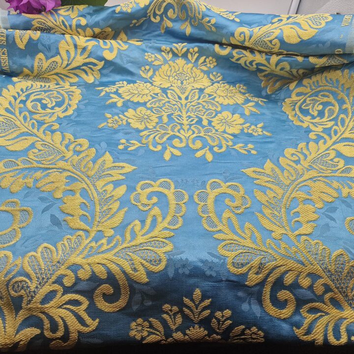 Valencian Silk "Seda Estrecha" Sky Blue & Gold Damask - 100% Silk Jacquard Fabric - 55cm Wide - For Liturgical Vestments, Histo…