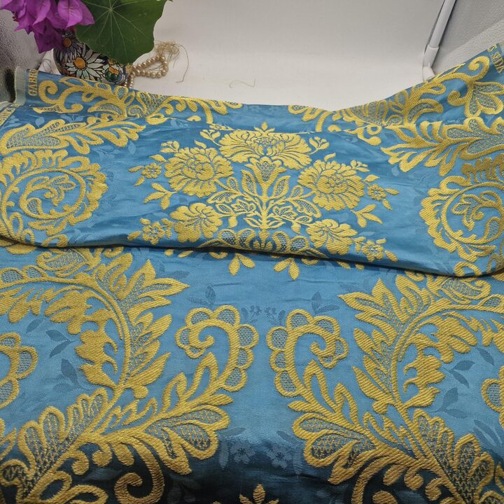 Valencian Silk "Seda Estrecha" Sky Blue & Gold Damask - 100% Silk Jacquard Fabric - 55cm Wide - For Liturgical Vestments, Histo…