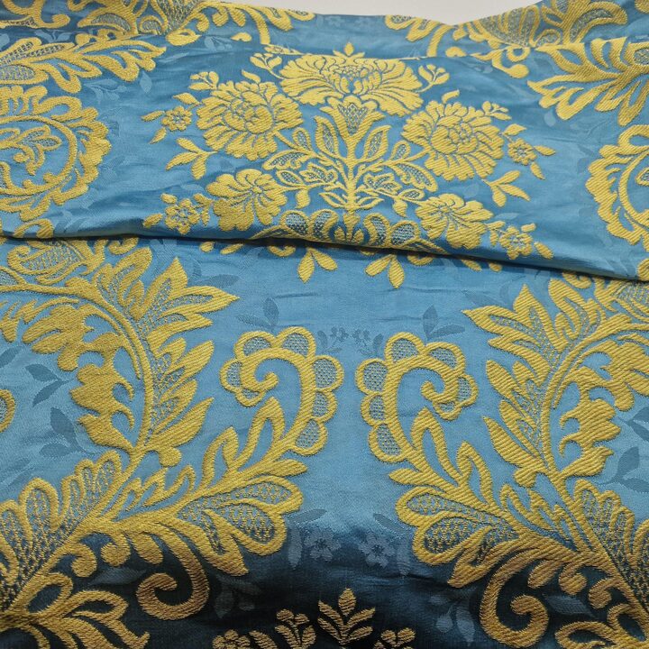 Valencian Silk "Seda Estrecha" Sky Blue & Gold Damask - 100% Silk Jacquard Fabric - 55cm Wide - For Liturgical Vestments, Histo…