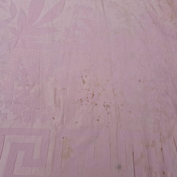 Antieke zijden sprei, damast beddensprei, jacquard deken, 19e-eeuwse roze plaid met kwastjes franjeband voor slaapkamer decorat…