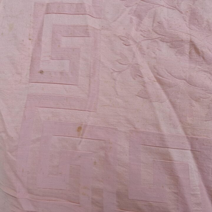 Antieke zijden sprei, damast beddensprei, jacquard deken, 19e-eeuwse roze plaid met kwastjes franjeband voor slaapkamer decorat…