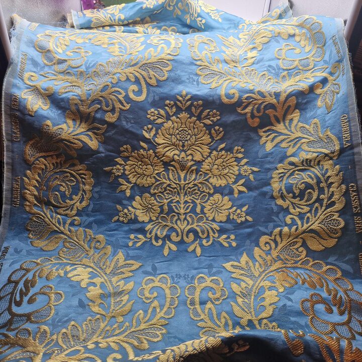 Valencian Silk "Seda Estrecha" Sky Blue & Gold Damask - 100% Silk Jacquard Fabric - 55cm Wide - For Liturgical Vestments, Histo…