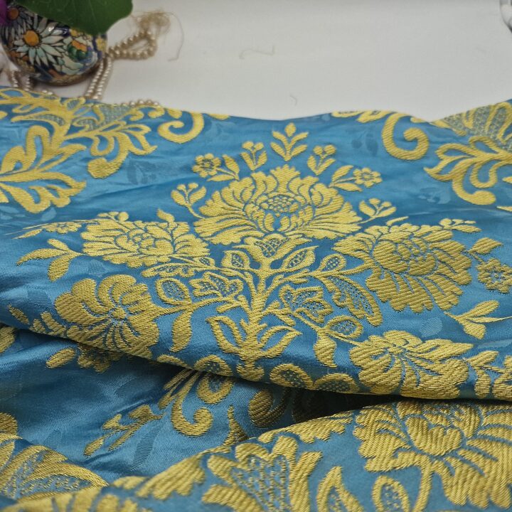 Valencian Silk "Seda Estrecha" Sky Blue & Gold Damask - 100% Silk Jacquard Fabric - 55cm Wide - For Liturgical Vestments, Histo…