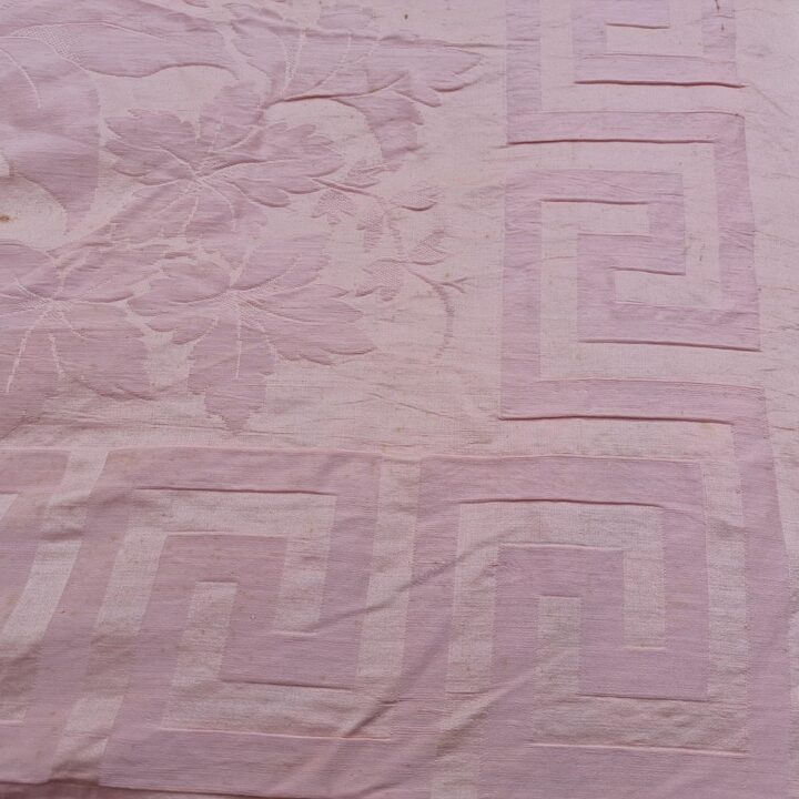 Antieke zijden sprei, damast beddensprei, jacquard deken, 19e-eeuwse roze plaid met kwastjes franjeband voor slaapkamer decorat…