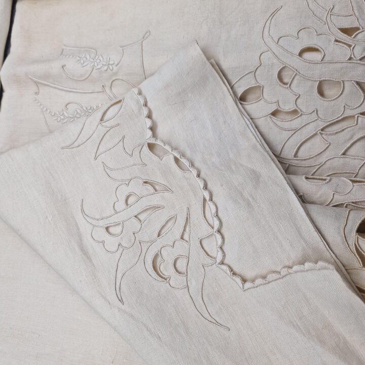 Mid-century Richelieu Cutwork Linen Bedding Set Sheet and Pillowcase