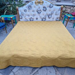 Antike Jacquard Tagesdecke, Vintage Goldgelber Bettbezug, Klassisches Damast Blumenmuster, 220x240 cm, Anfang des 20 Jahrhunder…