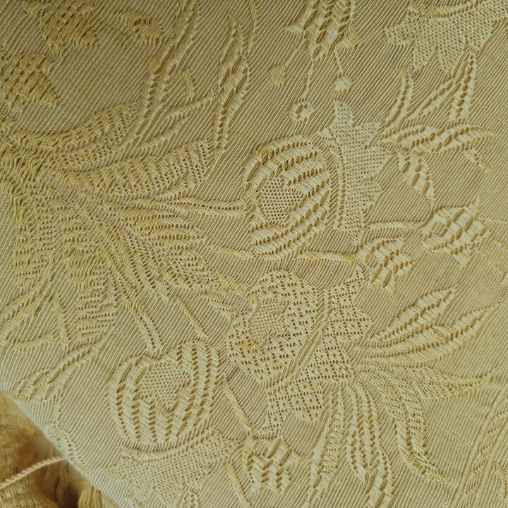 Antyczna Narzuta Żakardowa, Vintage Złoto-Żółta Kapa na Łóżko, Klasyczny Wzór Damaszkowy, 220x240 cm, Początek XX Wieku