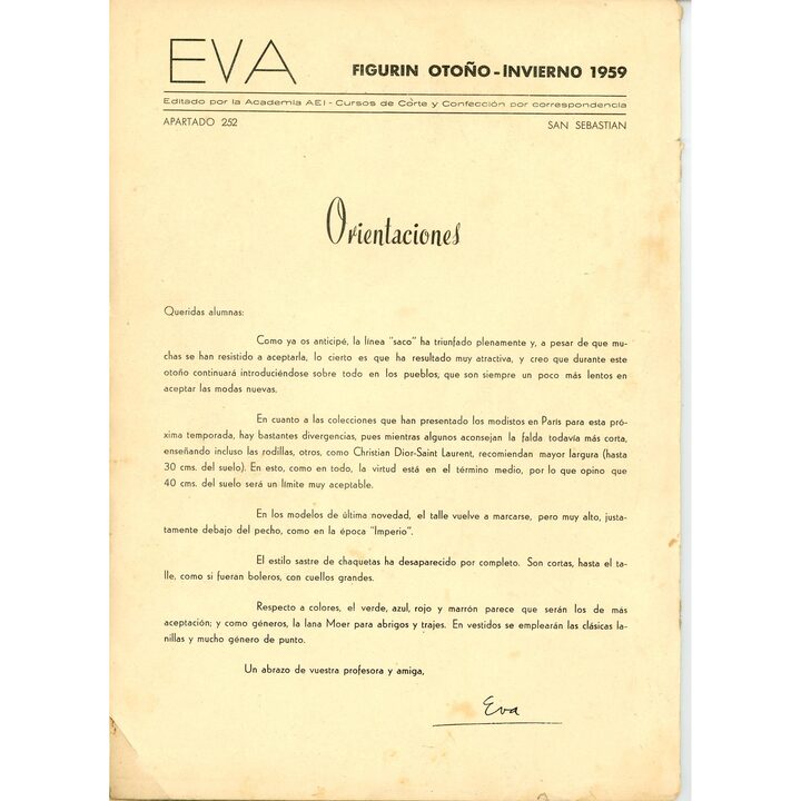 Rivista Eva Figurin Autunno Inverno 1959, Libro di Cartamodelli Spagnolo, Academia A.E.I. San Sebastián, Illustrazioni Stile Mi…