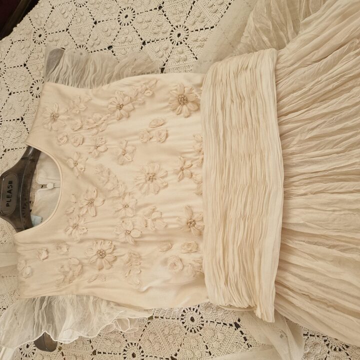 Silk Communion Dress Ceremonial Gown Valentina Portugal, Ivory 100% Silk 3D Flower Bodice Plisse Skirt, Kids Size 8 Years (8A)