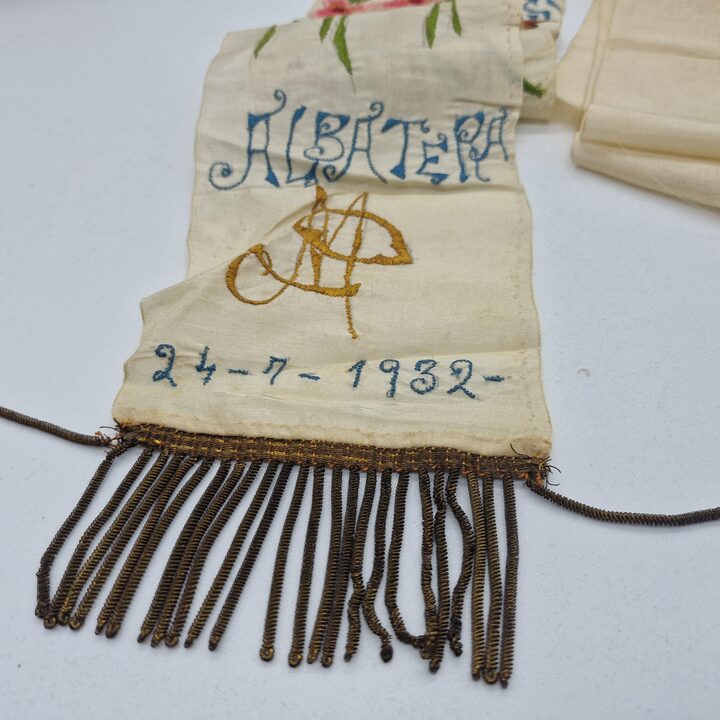 Antique Spanish Silk Festival Ribbon, Embroidered Ceremonial Sash Albatera Alicante, Hand Embroidery Spain 1932, Historical Col…