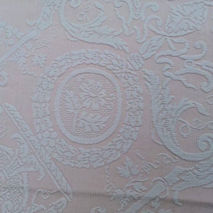ヴィンテージ ジャカード ベッドスプレッド, ピンク ダマスク カバーレット フリンジ付, ネオクラシック柄, 190x240 cm, 1940年代