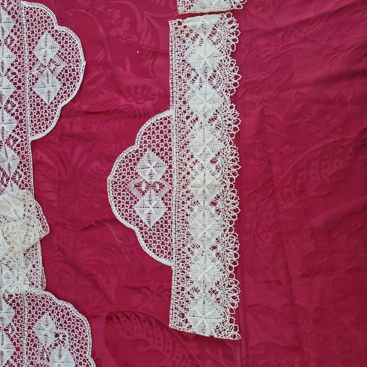 Recznie robiona koronka klockowa komplet na przescieradlo 200cm i poduszke 45cm zabytkowa koronka bawelniana do szycia