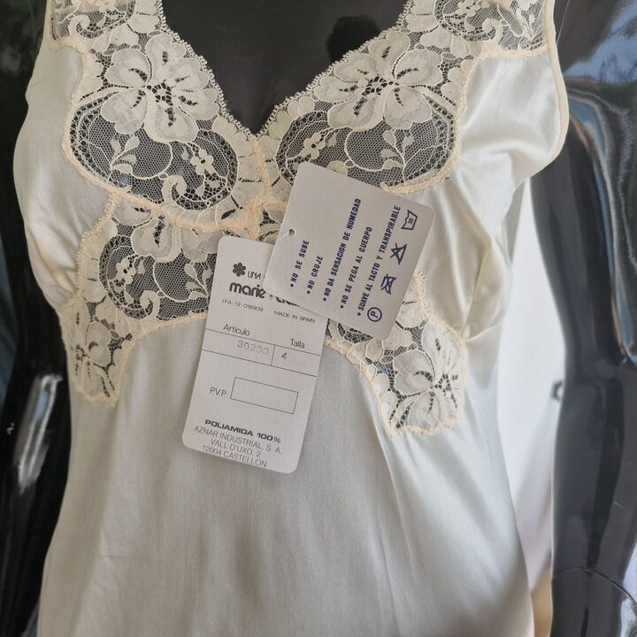 Combinacao Vintage Marie Claire Anos 1980, Poliamida Marfim com Renda, Deadstock Tamanho 4 Espanhol