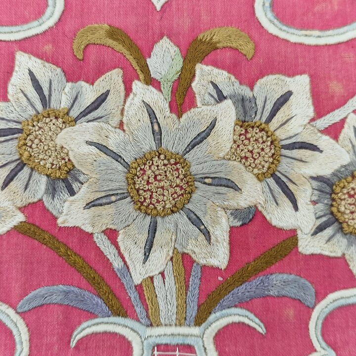 Antique Art Nouveau Wall Pocket - Embroidered Letter Holder - Floral Textile Decor - Circa 1900