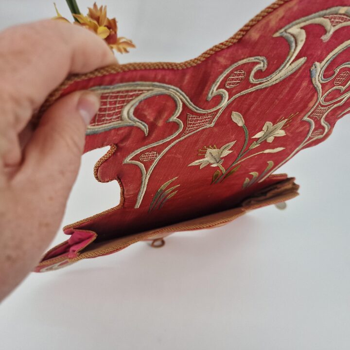Antique Art Nouveau Wall Pocket - Embroidered Letter Holder - Floral Textile Decor - Circa 1900