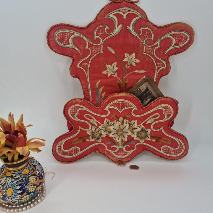 Antique Art Nouveau Wall Pocket - Embroidered Letter Holder - Floral Textile Decor - Circa 1900