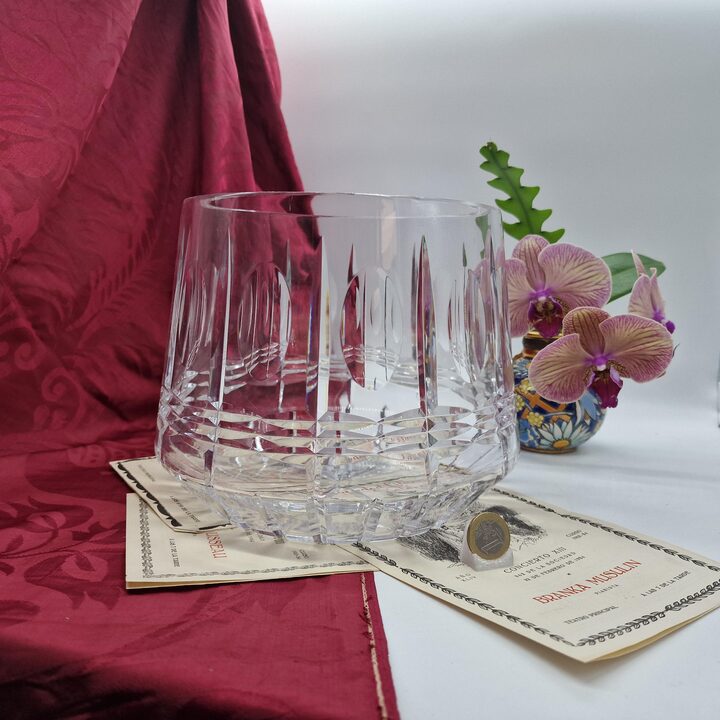 Vaso in Cristallo al Piombo Vintage, Coppa in Vetro Intagliato Pesante, Porta Fiori Geometrico Tagliato a Mano