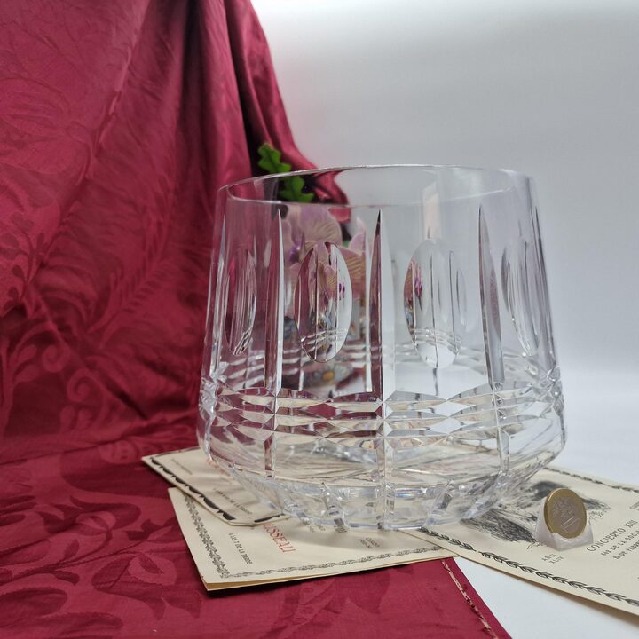 Vaso in Cristallo al Piombo Vintage, Coppa in Vetro Intagliato Pesante, Porta Fiori Geometrico Tagliato a Mano