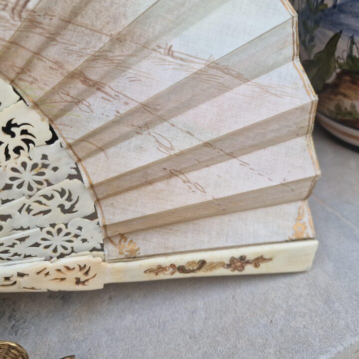 Antique Carved Bone Fan, F. Ucher, Hand Painted Double Sided Silk, Courtly Scene and Landscape, 19th Century, in Original Box