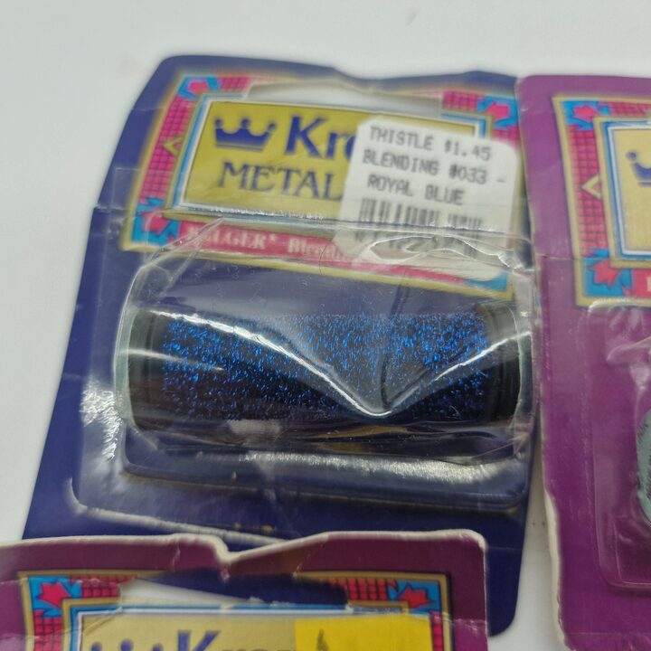 Lote de 10 Hilos de Bordar Metalizados Vintage Kreinik Balger - Oro y Plata y Azul Real - Filamento de Mezcla y Trenza No. 8