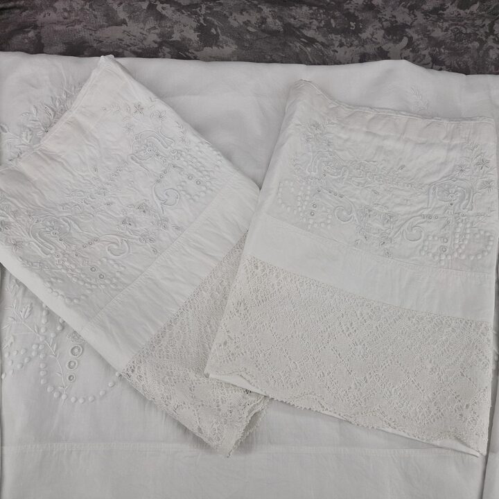 Antique Bed Linen Set Mercedes Monogram Handmade Bobbin Lace 1900s